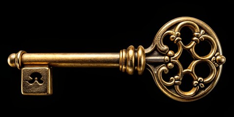 Obraz premium Golden Key of Opportunity - A Close Up of a Brass Key Against a Black Background, key, opportunity, unlock, treasure