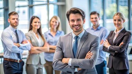 Obraz premium Group of professionals in a business setting, smiling. Team, success, corporate, leadership, teamwork, office.