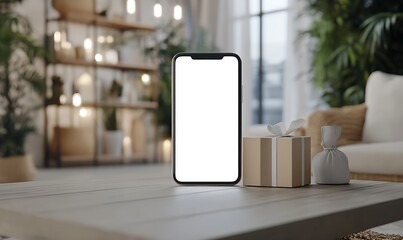 Mockup of a smartphone on a wooden table with a gift box and a bag.