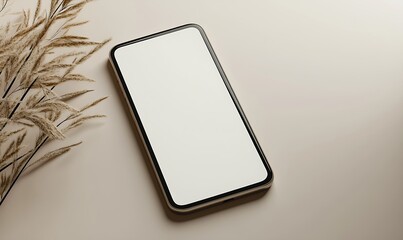 Gold smartphone with a blank screen and pampas grass on a beige background.