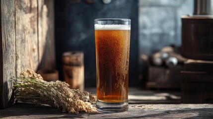 A traditional Russian kvass drink in a tall glass, enjoyed in a rustic setting.