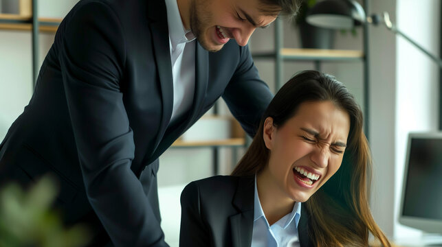 Female employee distressed by male boss's inappropriate behavior in office.