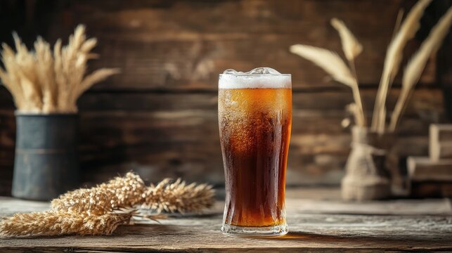 A traditional Russian kvass drink in a tall glass, enjoyed in a rustic setting.