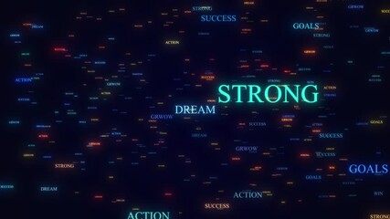 Multicolored Success Full Words Are Flying On The Soft Blue Background. Strong, Grow, Big Dream, Entrepreneur Words, Motivational Quotes Are Flying On The Screen, Inspirational Words Floating 