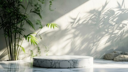 Bamboo background display with d platform and natural light highlights