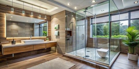Modern Bathroom Interior Design with Glass Shower and Wood Accents, Bathroom Interior, Modern Bathroom, Contemporary Bathroom Design, Glass Shower Enclosure