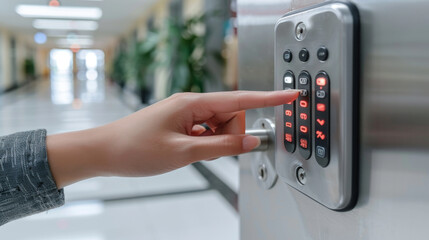 Woman Entering Password on Elevator Control Panel