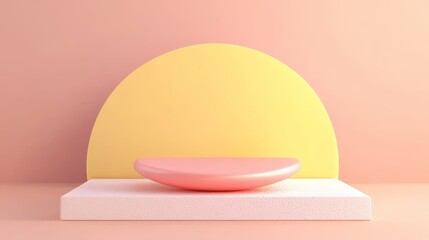 podium with solid pastel colors on monochrome background, pastel pink backdrop with pastel yellow disc, 3d style rendering, product platform abstract stage studio with solid color background