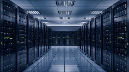 Free Photo A large server room with aisles of racks containing the servers taking up a vast space Generative Ai