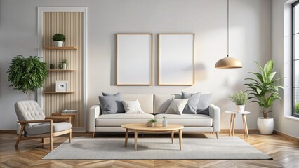 Fototapeta premium Modern Living Room with Two Blank Frames, Sofa, and Plants, interior design , living room , modern , minimal