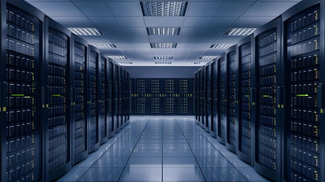 Free Photo A large server room with aisles of racks containing the servers taking up a vast space Generative Ai