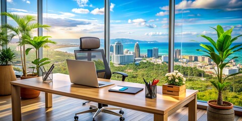 Fototapeta premium Modern Office with Ocean View, Laptop, Plants, Desk, Cityscape, office space, work from home