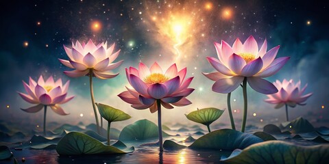 Mystical Lotus Blooms Under a Starry Sky, Digital Art, Lotus Flowers, Night Sky, Fantasy, Water, Nature