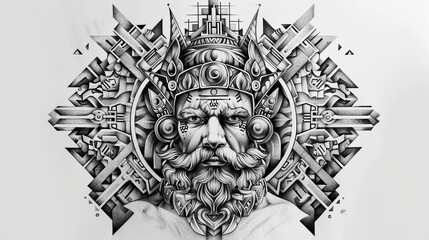 tattoo art line, drawing white paper, pure white and clean background, A geometric and realistic style tattoo, featuring a combination of mythological.