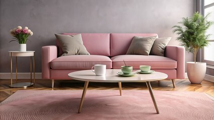 Pink Living Room with Coffee Table and Sofa, 3D Rendering, Interior Design, Living Room, Coffee Table, Sofa, Pink