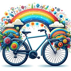 Fototapeta premium Colorful Bicycle Under Rainbow with Floral Decor