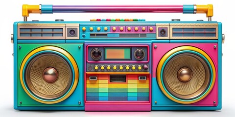 Rainbow Retro Boombox A 3D Render of a Vintage Cassette Player, 3D Render, Boombox, Cassette Player, Vintage