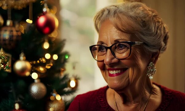 Portrait of smiling senior woman in eyeglasses at christmas