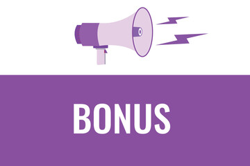 Bonus button, banner, label, template for website. Bonus text with colorful megaphone icon