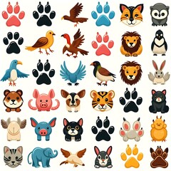 Colorful Cartoon Animal Icons with Paw Prints