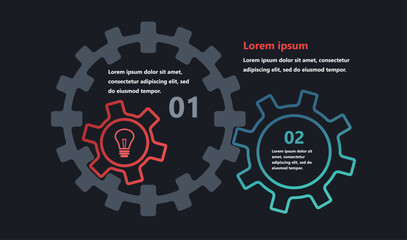 Modern infographics with elements in the form of gears that symbolize the process of an idea or strategy in business. The elements are interconnected, creating a sense of network and support.