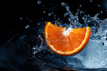 A juicy mango segment hitting the water with splashes