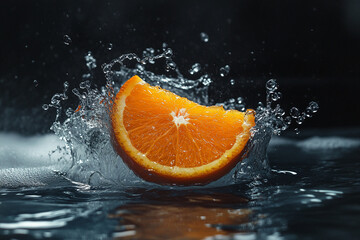 A juicy mango segment hitting the water with splashes