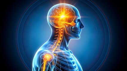 Digital rendering of a human skeleton and brain.  anatomy, brain, skeleton, healthcare, science, technology.