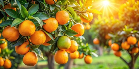 Sunlight Glowing on Ripe Oranges in an Orchard, Photography, Close Up, Fruit , Citrus , Agriculture