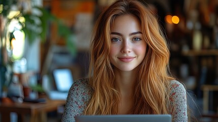 Beautiful freelancer woman smiling while working on laptop in coffee shop