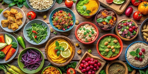 Top View of Colorful Bowls with Different Dishes, Food, Healthy , Variety, Delicious , Nutrition