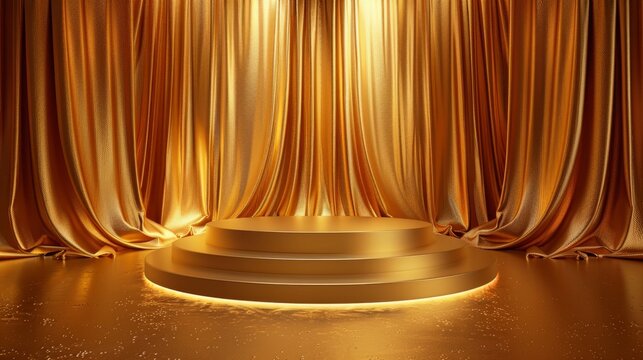 Luxurious gold fabric podium with gleaming drapes in elegant setting
