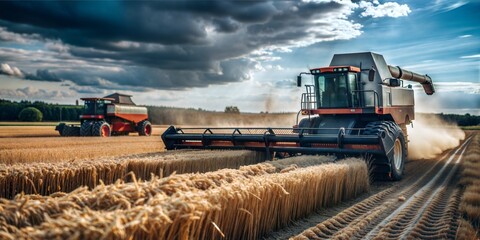 Obraz premium A red and white combine harvester drives through a field. The combine is surrounded by tall, white ears of wheat.