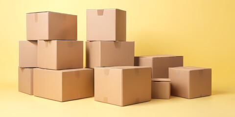 Fototapeta premium stacks of cardboard boxes on a yellow background