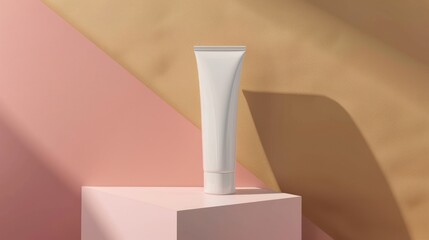 A white bottle mockup is placed on a smooth-surfaced beige table, with a plain, neutral-colored background to highlight the texture and design of the product.