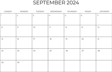 Monthly Planner September 2024. Calendar SEPTEMBER 2024. Week starts on SUNDAY. Blank Calendar Template A4. Vector illustration