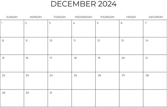 Monthly Planner December 2024. Calendar DECEMBER 2024. Week starts on SUNDAY. Blank Calendar Template A4. Vector illustration