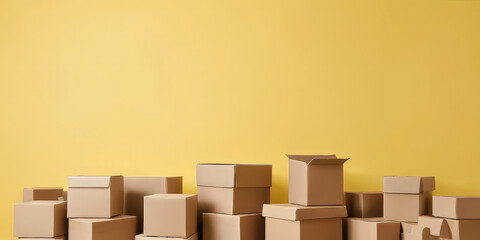 Obraz premium stacks of cardboard boxes on a yellow background