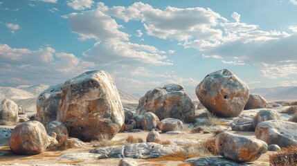 Rocky backdrop with large boulders under a blue sky and fluffy clouds