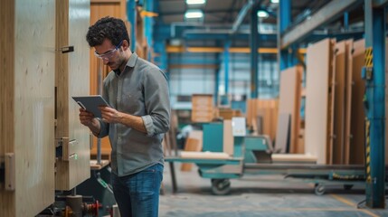 Worker Using Tablet in Woodworking Factory