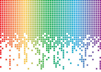 A background texture of rainbow color digital pixels dripping on a white background