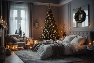 Christmas decorated bedroom interior. Cozy home moment. Concept Happy New Year