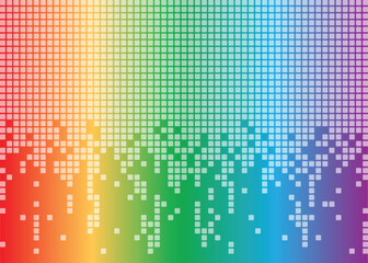 A background texture of translucent digital pixels dripping on a rainbow color background