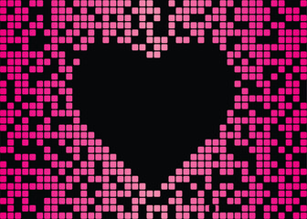 A background texture of heart shape digital pixels on a black background with copy space