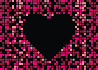 A background texture of heart shape digital pixels on a black background with copy space