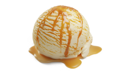A white ice cream ball with caramel drizzle on top isolated on a transparent background