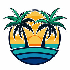 Obraz premium A logo that has two palm trees on a beach art vector illustration