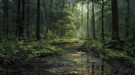 Obraz premium Summer woods after rainfall with sunlight streaming through lush green trees