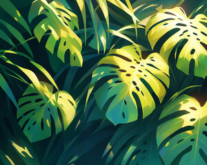 Banner with Tropical Paradise. Vibrant Jungle Leaves. Sunlit rainforest, vibrant foliage, monstera leaves, tropical plants, nature escape, sunlight.