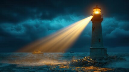 Radiant lighthouse beams sweeping across the dark seaside, guiding ships through a stormy night
